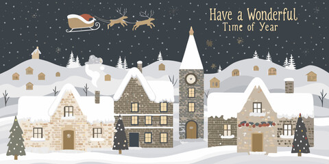 A serene winter village scene with santa and his reindeer flying above © Endrajit