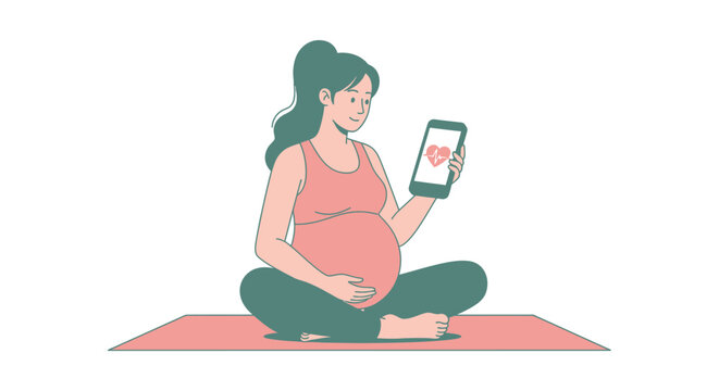 Pregnant Woman Monitoring Health and Baby Heartbeat via Smartphone App Illustration