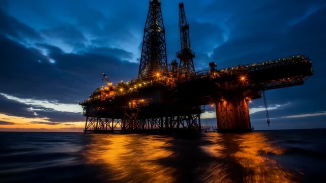 Massive offshore oil rig illuminated against a dramatic twilight sky, reflecting on calm ocean waters, industrial power and energy extraction at dusk.