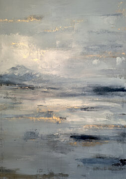 Abstract Impressionist Landscape with Blue and Gold Horizontal Brush Strokes