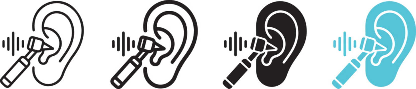 Ear examination icons with otoscope and sound waves