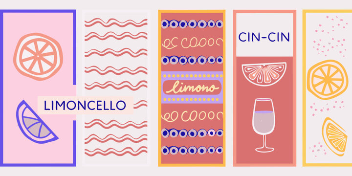 A colorful illustration featuring citrus fruits drinks and the words limoncello and cin cin