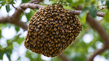 Obraz premium Bee Swarm on Honeycomb: Pollination, Organic Farming, and Natural Habitat in Rural Environment