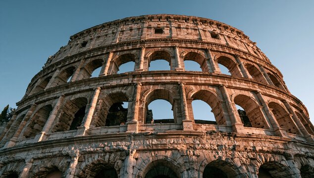 Colosseum ancient Roman amphitheater in Rome under blue sky