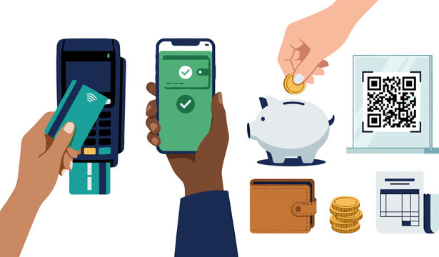Contactless Payment and Digital Banking Icon Set with POS Terminal Smartphone Wallet QR Code Piggy Bank and Financial Transaction Elements Vector