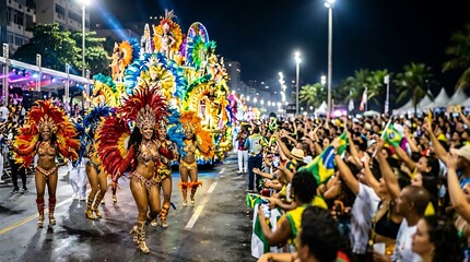 Fototapeta premium Vibrant carnival dancers in feathered costumes during night parade