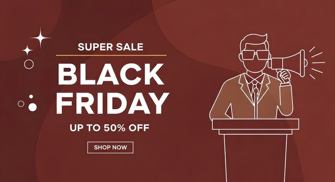 Black friday super sale banner with a businessman character holding a megaphone