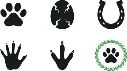 Fototapeta premium Animal Footprints and Nature Silhouette Icon Set Featuring Paw Prints Cracked Egg Horseshoe Bird Claws and Green Laurel Wreath Branding Elements