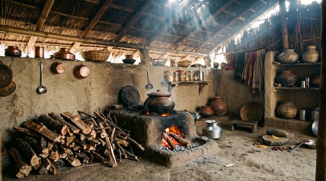 traditional cooking village kitchen wood fire pot pans cooking utensils thatched roof mud earth natural cooking area fireplace wooden logs cooking vessels rustic homemade cozy