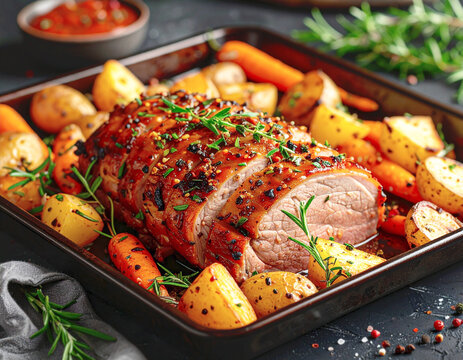 Pork roast dinner with carrots and potatoes, sheet pan. AI