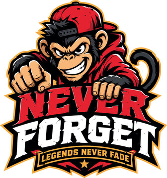 Fierce cartoon monkey with bold never forget slogan and motivational tagline