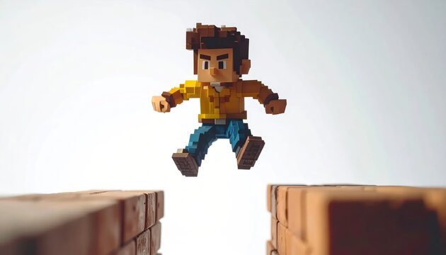 Pixelated character mid-jump over a gap between brick platforms.