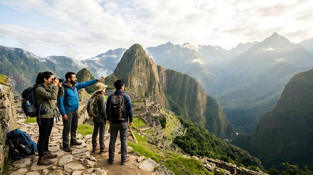 Diverse group of hikers exploring ancient mountain ruins at sunrise