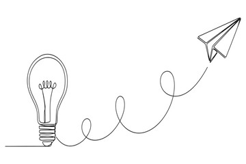 Continuous single line drawing of a light bulb and a flying paper airplane with innovation creativity airplane continuous minimalist illustration thinking invention business strategy © Stockline