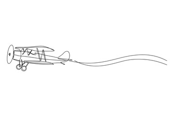 Continuous single line drawing of a vintage biplane flying in the air with airplane aircraft aviation continuous minimalist illustration transportation aerospace abstract propeller adventure © Stockline