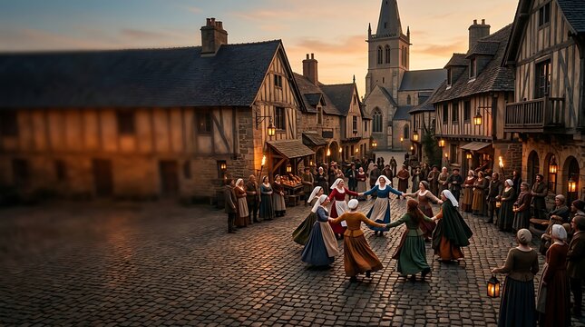 Medieval villagers dancing in a historic town square at sunset