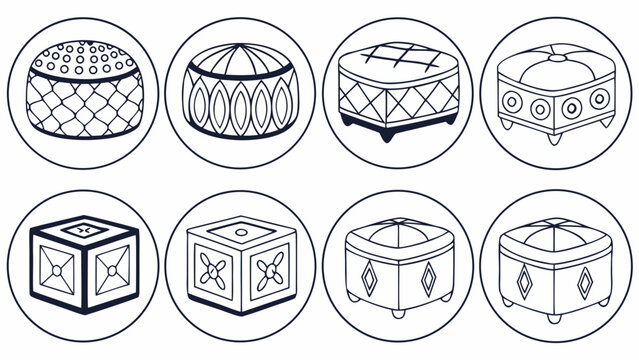 Set of eight decorative ottoman footstools and cubes in circle frames