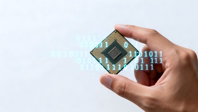 Hand holding microchip with binary code