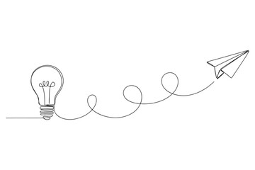 Continuous line art illustration of a lightbulb and flying paper airplane with lightbulb airplane continuous innovation creativity minimalist creative imagination strategy inspiration © Stockline