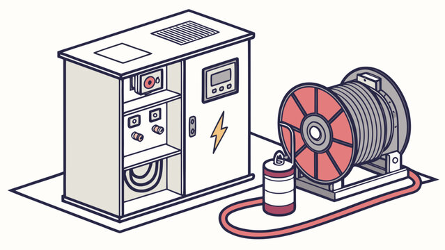 Electrical power equipment and cable spool isometric line graphic with equipment