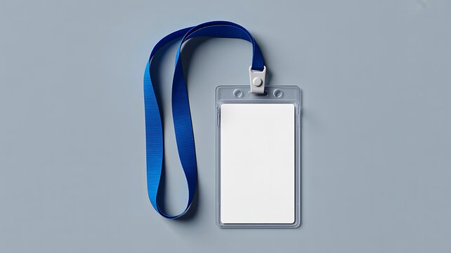 Blank identification badge with blue lanyard on a clean gray background