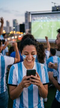 Argentinian woman celebrating during World Cup match, passionate Argentina supporter cheering with crowd, national pride, soccer championship atmosphere, football fan excitement