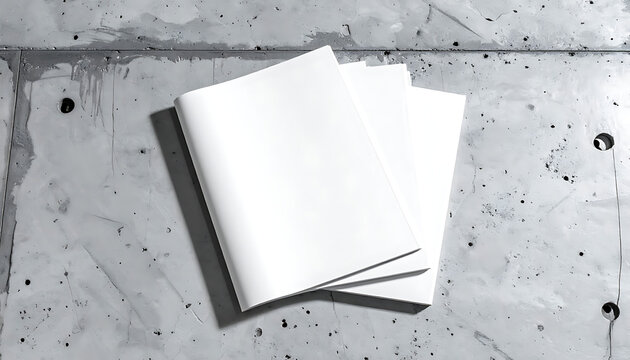 Three blank white brochures or magazines stacked on a textured grey concrete surface, mockup for graphic design presentation