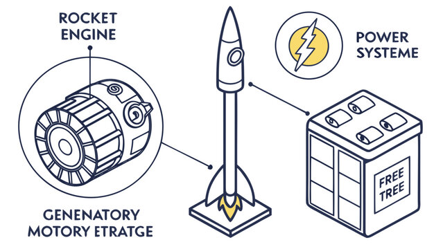 Isometric rocket engine and battery power system infographic with isometric
