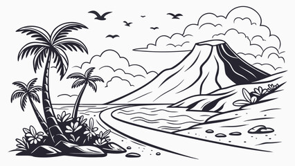 Volcanic tropical island landscape black and white line art with tropical © Lana