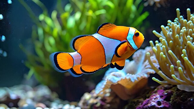 Clown fish swimming a large aquarium, mp4 video. AI