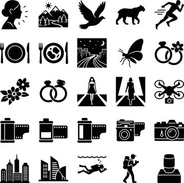 Set of black silhouette icons depicting various photography subjects and objects including nature, animals, people, and cameras on transparent background.