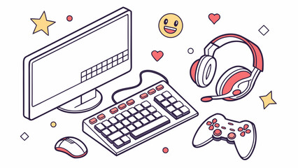 Isometric gamer setup with monitor keyboard mouse and headset icons, isometric © Lacky