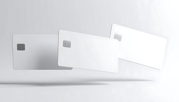 Three blank white credit cards or debit cards floating on a clean grey background, concept for finance, banking, or payment services