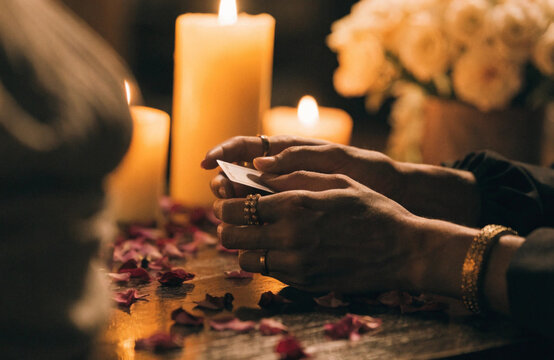 hands of a tarot reader shuffle a tarot deck. Magic and extrasensory perception