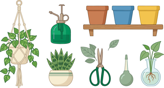 Indoor Plant Care and Home Gardening Icon Set with Macrame Plant Hanger Glass Mister Pruning Shears Flowerpots Shelf and Propagation Vase Vectors