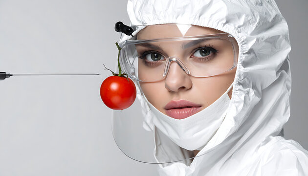 Scientist in protective suit and mask examining a ripe tomato with a needle, representing food safety, genetic modification, or agricultural research, against a plain background