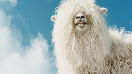 Naklejka premium White llama with fluffy coat smiles gently. Bright blue sky behind offers serene backdrop. Clouds add soft texture to the scene. Animal appears calm and curious. Ideal for travel, nature
