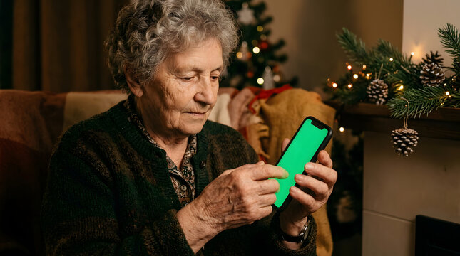Elderly woman sitting on a couch looking at a green screen smartphone on a christmas decorated background with a tree