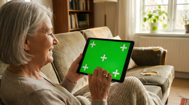 An elderly woman sitting on a beige couch holding a tablet with a green screen and white crosses in a cozy living room with a window and bookshelf