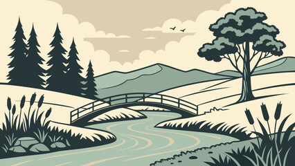 Obraz premium Natural landscape illustration with wooden bridge over river and mountains