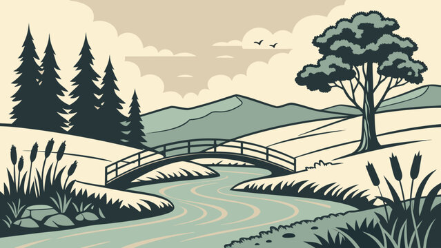 Natural landscape illustration with wooden bridge over river and mountains
