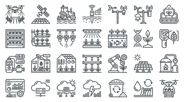 Smart agriculture technology icons set featuring precision farming drones sensors automation.