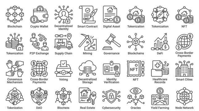 Blockchain crypto currency line icon set, digital money symbols collection, vector sketches.