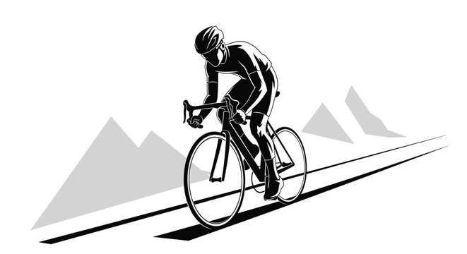 Silhouette of a determined road cyclist pedaling uphill on a long road against a backdrop of distant stylized mountain peaks.
