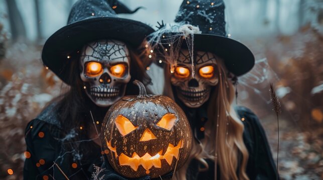Two skeletal figures in black witch hats glow with fiery eyes. They hold a carved pumpkin that shines with warm orange light. Spiders dangle from their hats, adding eerie charm