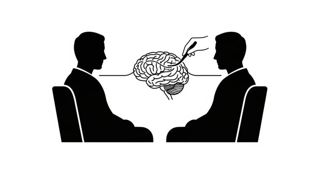 Two businessmen sharing ideas with interconnected brains.
