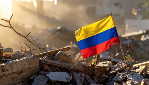Faded Colombian flag waving amidst rubble and destruction, symbolizing resilience and hope in the aftermath of disaster.
