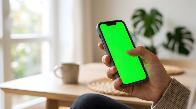 A person holding a smartphone with a green screen in a cozy living room with a wooden table and a cup of coffee on it