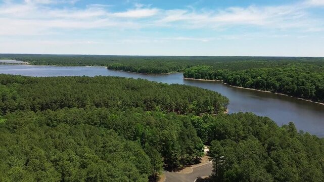 Aerial view of Falls Lake near Raleigh, North Carolina, a popular recreation spot and the source of Raleigh's drinking water