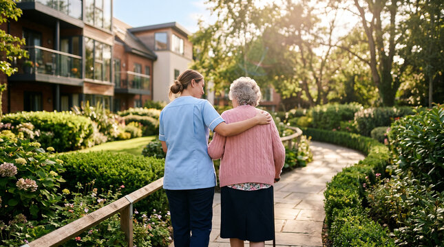 Professional nurse walking with elderly woman through peaceful park path providing supportive care and companionship during outdoor therapy stroll.